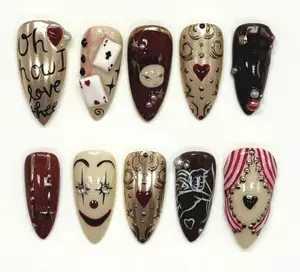 Circus Inspired Press On Nails, Handmade Unique Almond Nail Set with Clown, Dice, Cards, Abstract Nail Art, Fantasy Nails for Party, Prom.