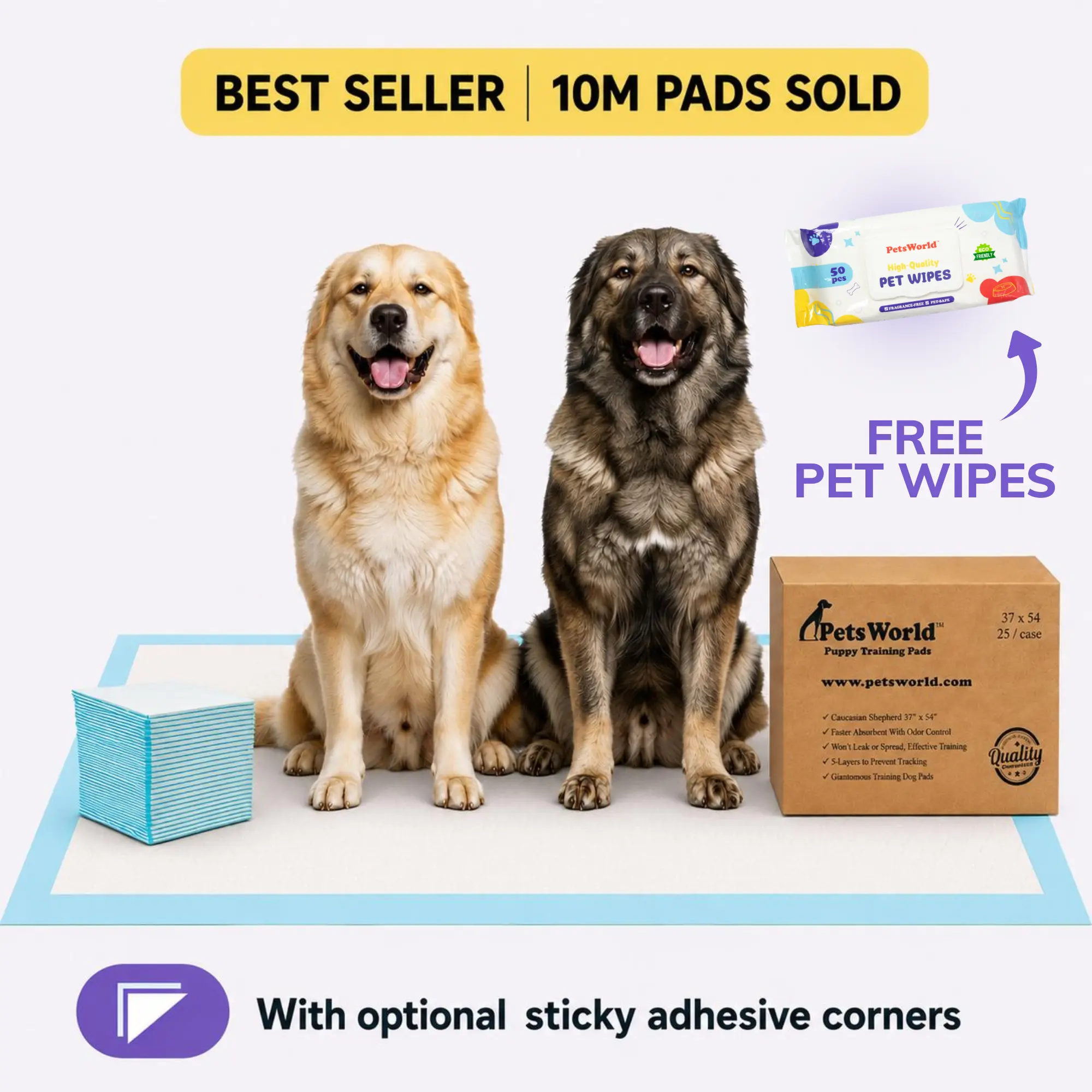PetsWorld 3XL Dog Training & Potty Pads, 37x54 inch - Tear Resistant with Strong Leak-Proof Backing, Optional Adhesive Tape