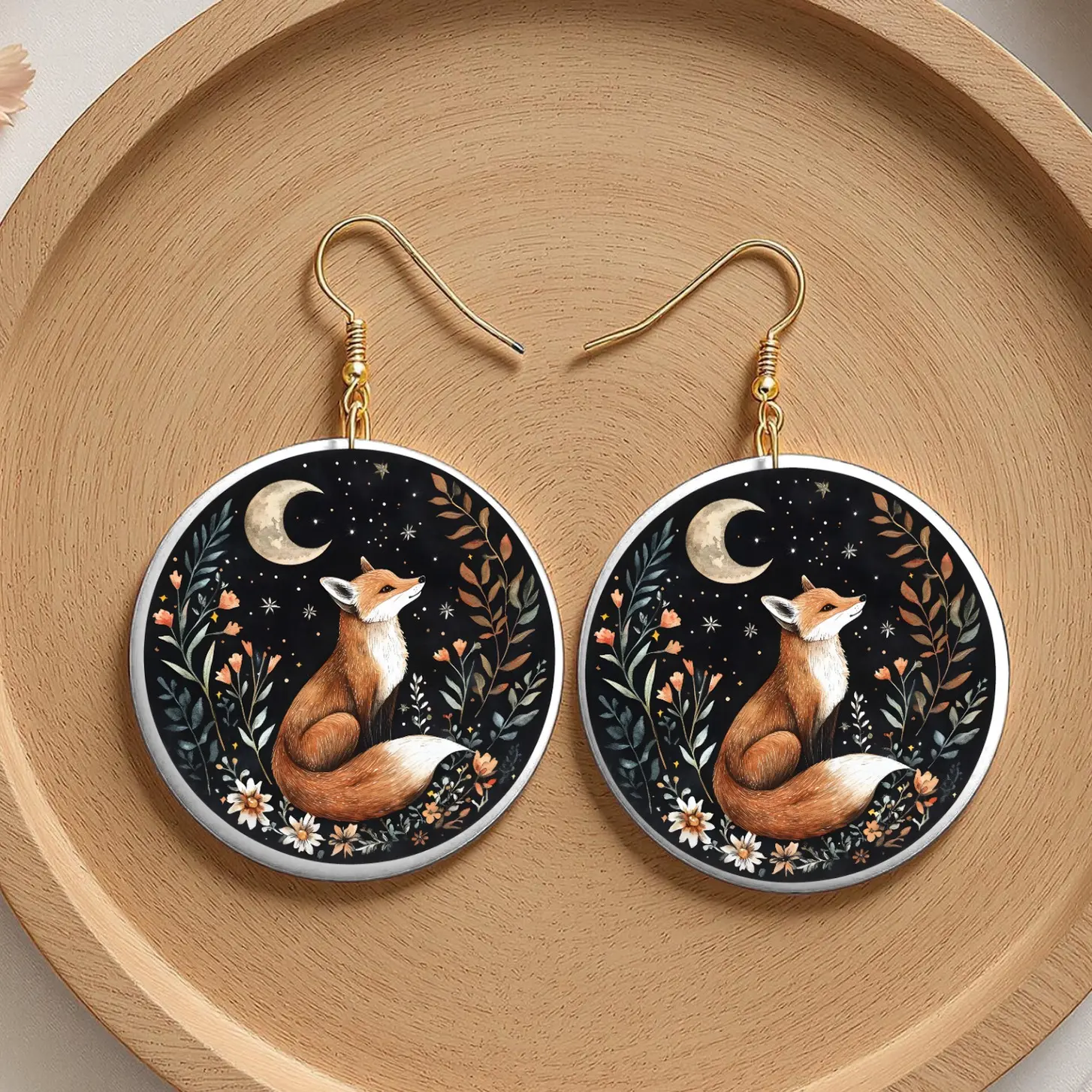 Fox Mystical Moon Dangle Earrings with Celestial Fox Design and Floral Accents for Women