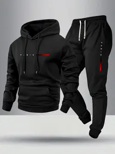 Men's Spring Fall Thin Letter Paris Print Hoodie Sweatshirt Sweatpants Set Outfit, Casual Loose Fit Long Sleeve, Pocket Waist Drawstring Pants, Menswear