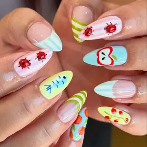 milo.nail&care Retro Fruit Garden Press-On Nails, Ladybug Cherry Apple Art, Pastel Stripe Mix Design, Glossy Almond Y2K Summer Picnic Inspired Nail Set