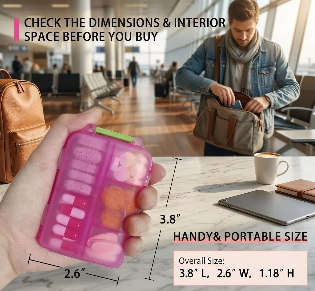 Pill Organizer with Medicine Labels Travel Daily Pill Container Mini Medication Organizer Storage Pill Organizer Travel Essentials Pill Case 7 Day (Pink & 161 Lables)