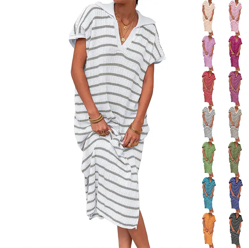 Fessceruna Womens Striped Summer Dresses Short Sleeve V Neck Knit Collared Sexy Slit Loose Maxi Sweater Dress