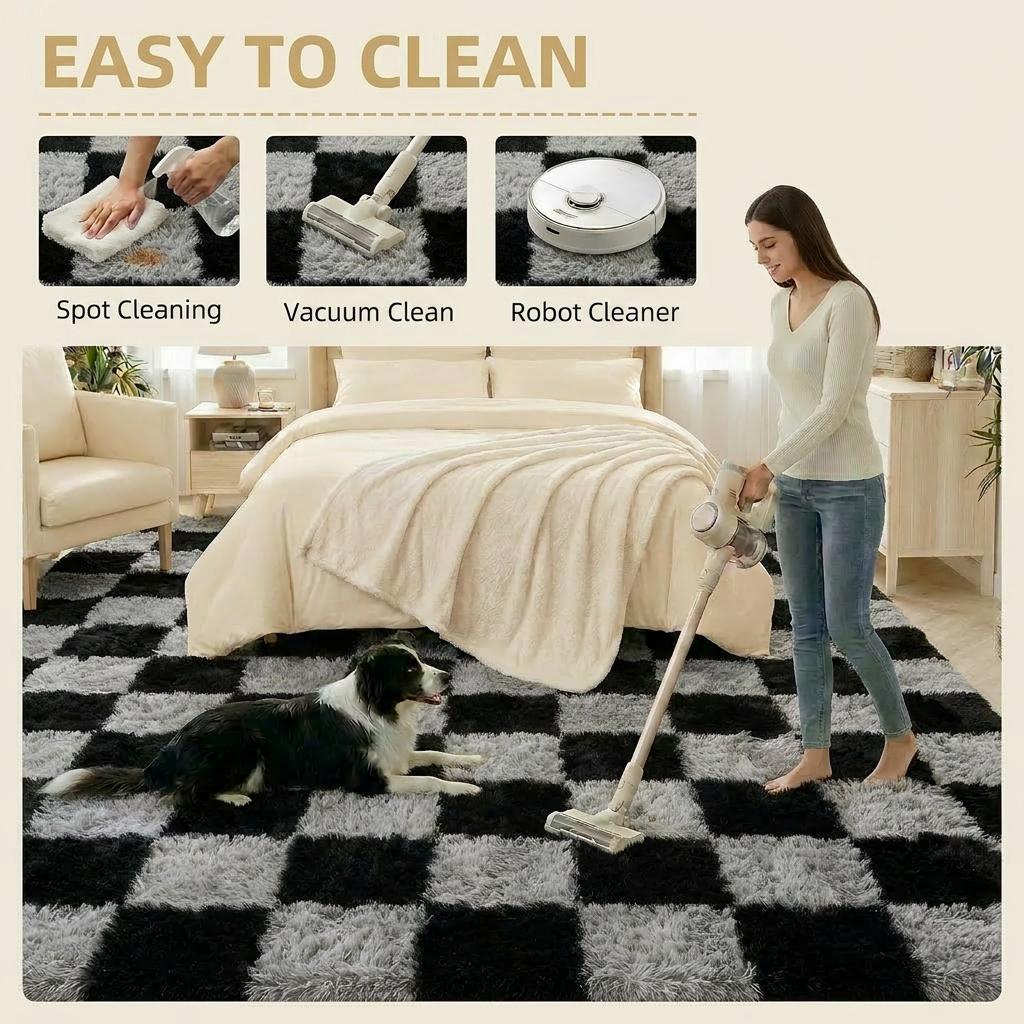 LUOGORT Black and Grey Checkered Soft Plush Area Rugs for Bedroom Living Room Large Fluffy Fuzzy Carpet Non Slip Backing Cozy Warm Mat For Hallway Dorm Apartment Laundry Decor Multiple Sizes