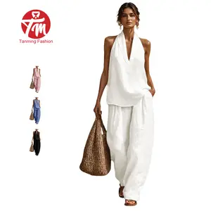 Tanming Women's Cotton Linen Two Piece Set Casual Sleeveless Halter V Neck Tank Top with Wide Leg Palazzo Pants Summer Vacation Lounge Outfit with Pockets Breathable Lightweight