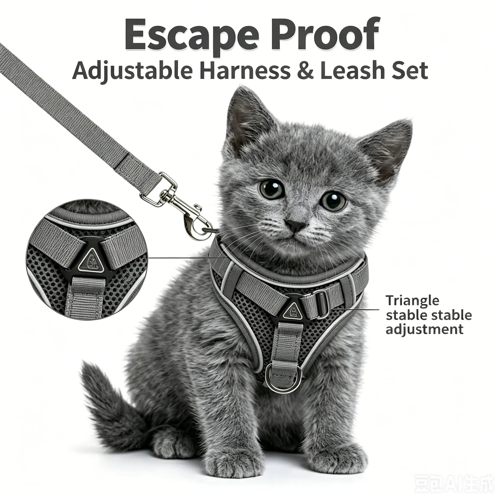 Leash set: Escape Proof Cat Harness & Leash with adjustable sizing. Reflective soft mesh vest for easy safe leash walking. Includes a summer version; breathable and moisture-wicking.