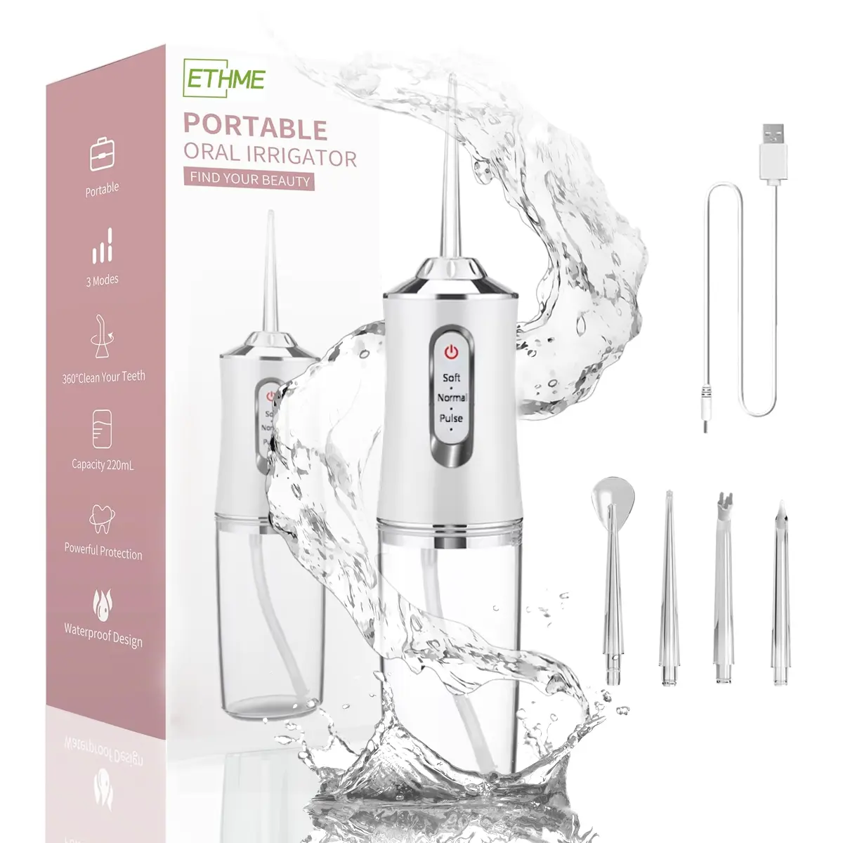 ETHME Electric Dental Water Pick Flosser Replaceable Nozzle Mini Portable Cordless Travel Pink Oral Irrigation Cleaner Waterproof Flosser for Teeth Cleansing