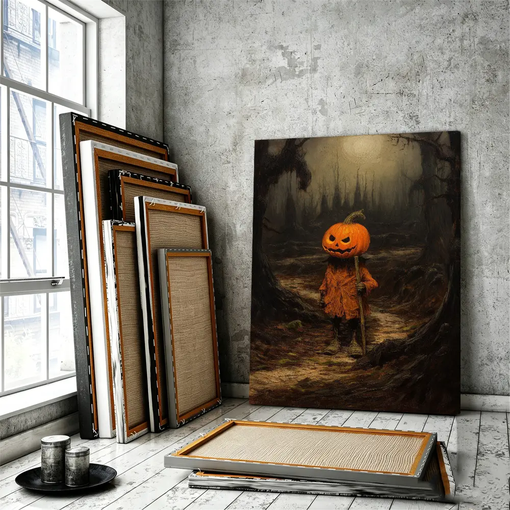 Halloween Pumpkin Wall Art Dark Forest Gothic Canvas Poster Vintage Oil Painting Orange Black Spooky Fall Home Decor for Living Room Bedroom