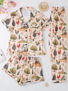 Women's 3-Piece Sleepwear Set, Casual Cartoon Chicken Print, Button Front Short Sleeve Top, Comfortable Shorts & Pants, All Seasons, Cute Pajama Sets