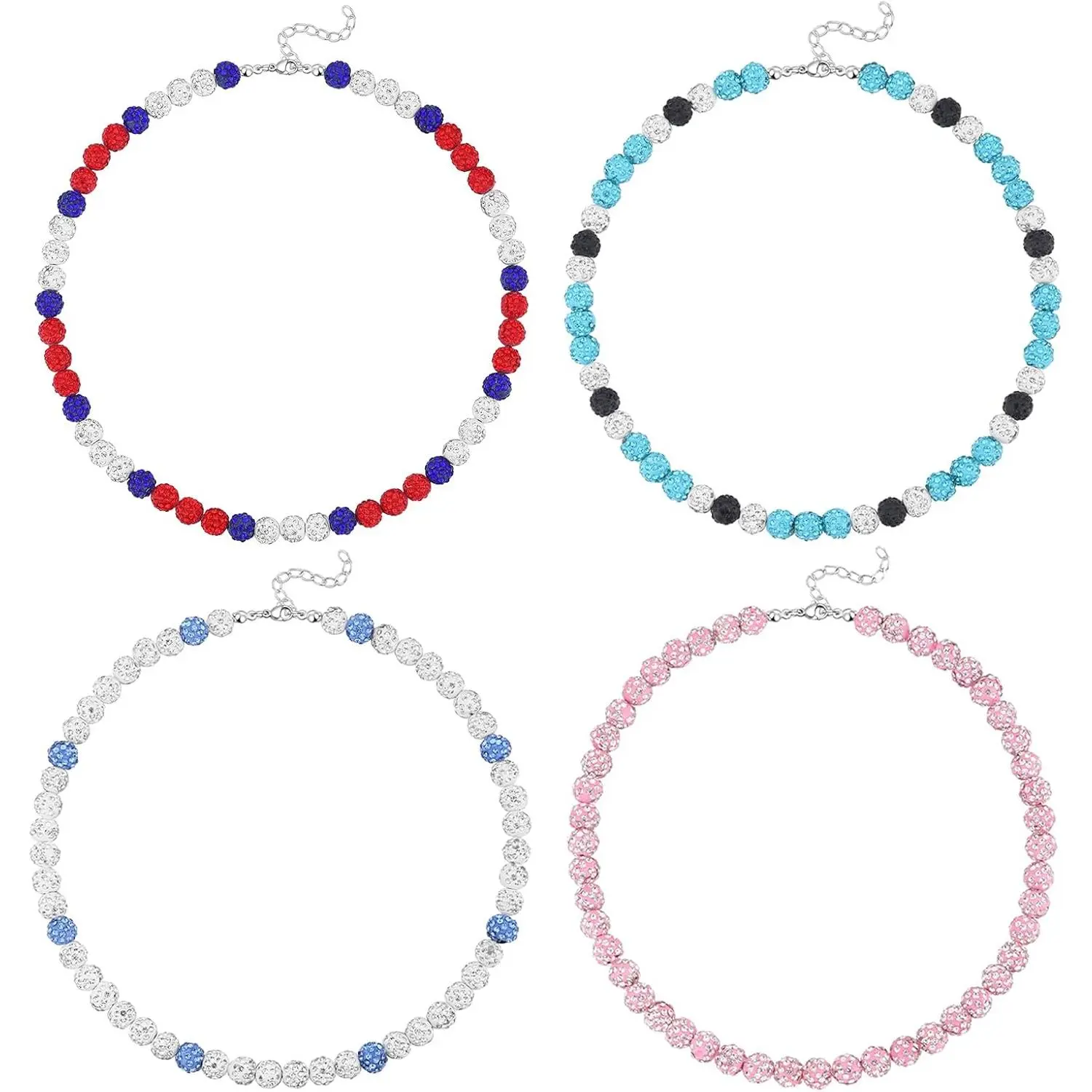 Baseball Ice Necklace Set, 4-Pack Elegant 10mm Rhinestone Beads Necklaces with 16in Chain & 2in Extension, Adjustable Beaded Design for Baseball Fans, Daily Wear Gift, Elegant Rhinestone Necklace