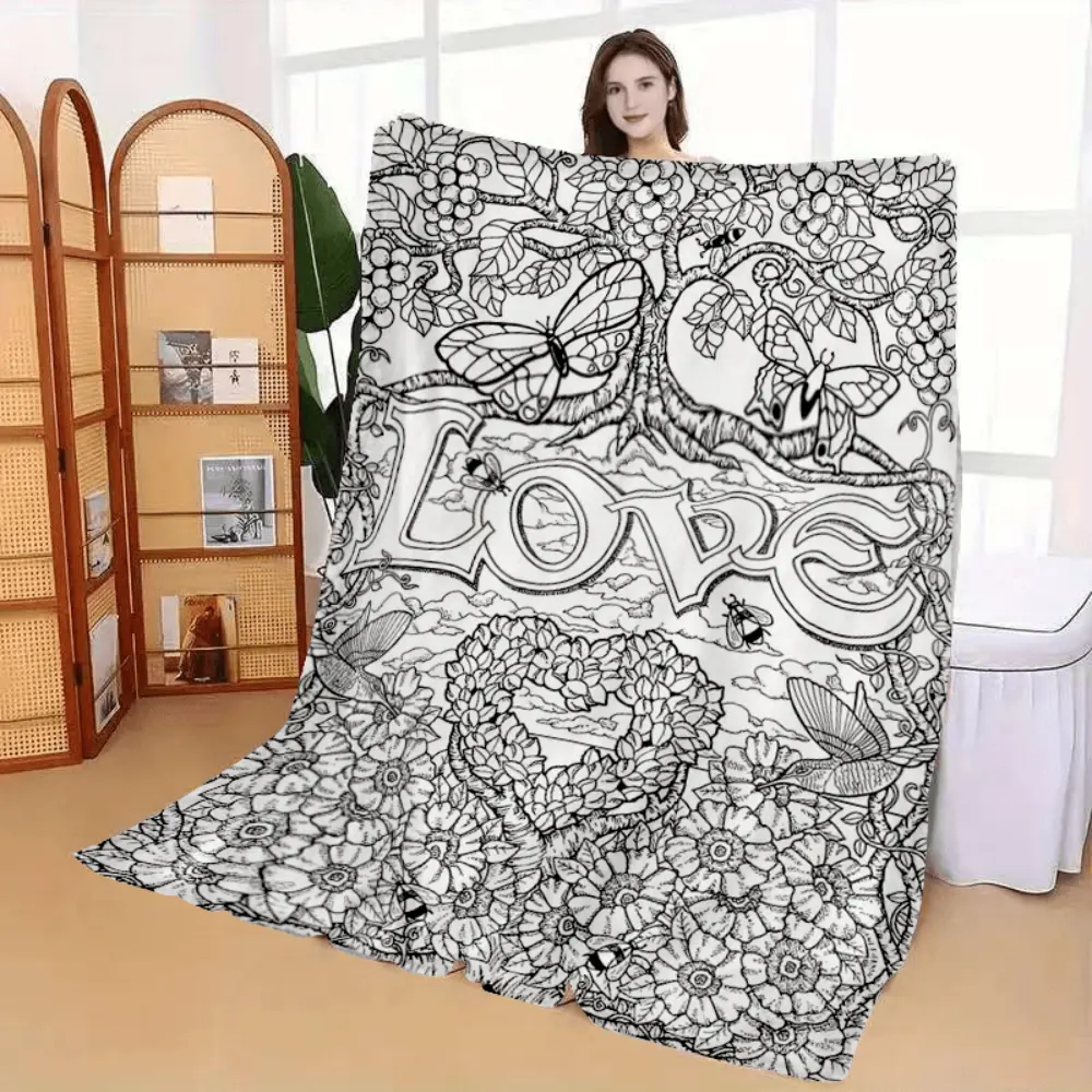 Love Butterfly Coloring Book Style Blanket, Soft Flannel Throw Blanket with Black White Floral Heart Butterfly Print, Cozy Gift for Women Girls Teens Couples and Art Lovers, Cute Romantic Room Decor for Bed Couch Sofa Dorm, Lightweight Warm Blanket