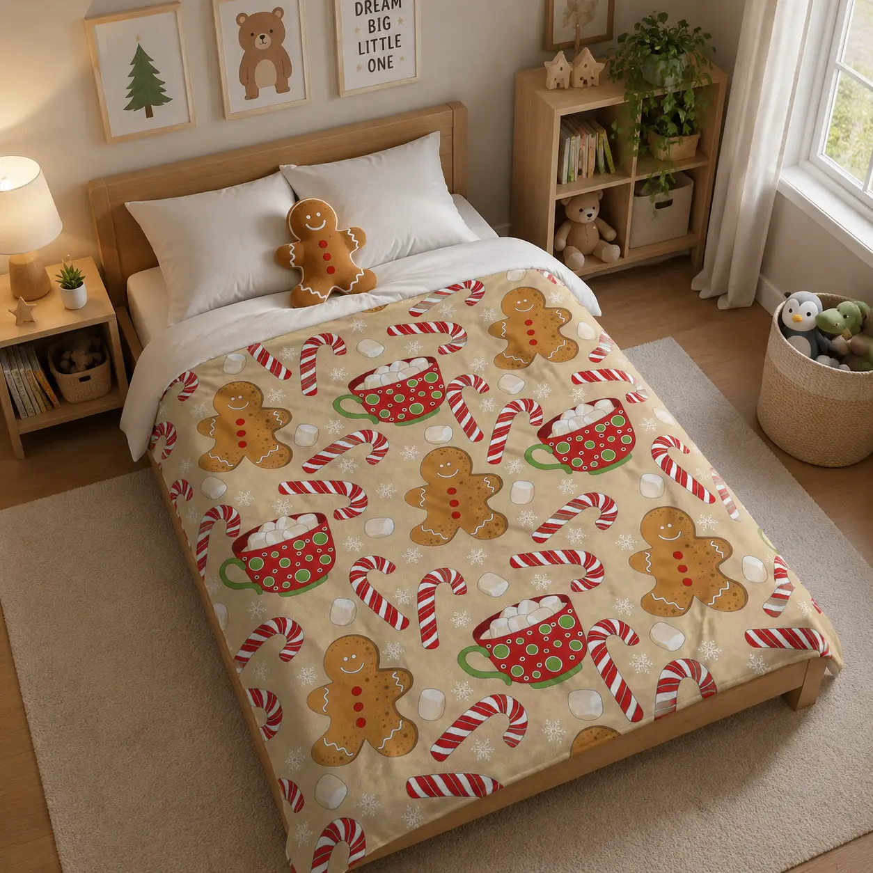 Christmas Gingerbread Flannel Blanket, Ultra Soft Holiday Throw Blanket, Cozy Fleece Blanket with Gingerbread Men, Candy Canes & Hot Cocoa, Warm Winter Blanket for Bed Sofa Couch, Christmas Decor Gift for Kids Adults