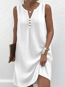 【Plus Size】 Solid Color Buttons Dress, Casual Sleeveless Dress for Summer, Women's Plus Clothing for Daily Wear