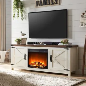 OKD Farmhouse Fireplace TV Stand for 70 75 Inch TV, Rustic Entertainment Center with 23" Electric Fireplace, Barn Door, Adjustable Shelves, Wood Media Console Cabinet for Living Room above 25 kg tv stands & bedside tables removable