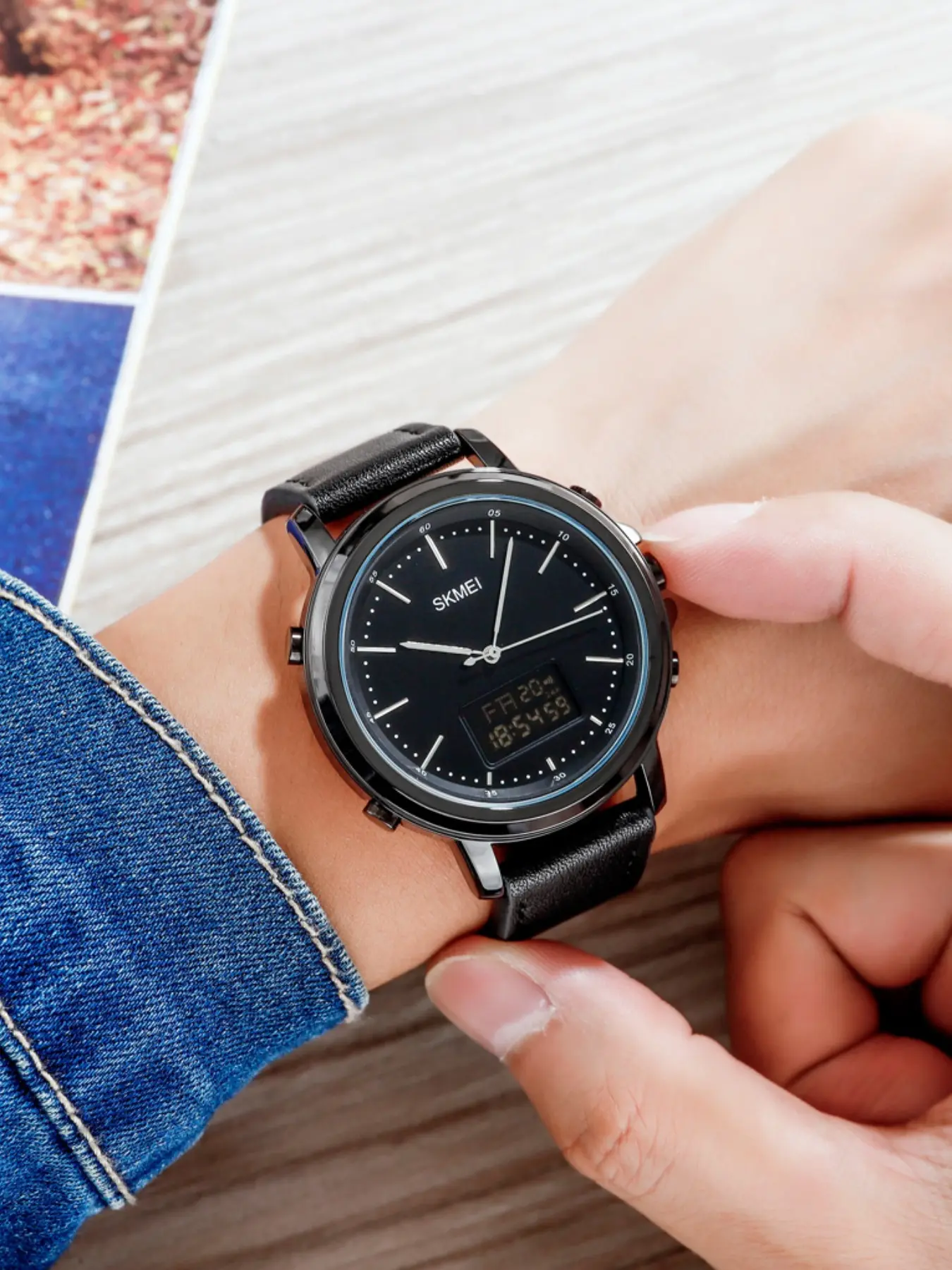Men's Skmei Warrior Watch, Multifunctional Timer, Genuine Leather Luxury, Casual Style, All Seasons, Buckle Closure