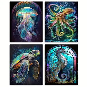 Marine Life Pattern DIY Diamond Arts Painting Kit without Frame, 4 Counts/set DIY 5D Diamond Arts Colorful Painting Kit, Wall Art Decor for Home, Diamond Painting Kits