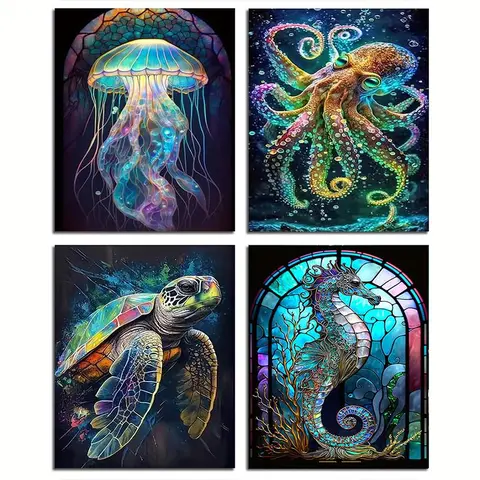Marine Life Pattern DIY Handcraft Diamond Arts Painting Kit without Frame, 4 Counts/set DIY 5D Diamond Arts Colorful Painting Kit, Wall Art Decor for Home, Diamond Painting Kits, Handicraft