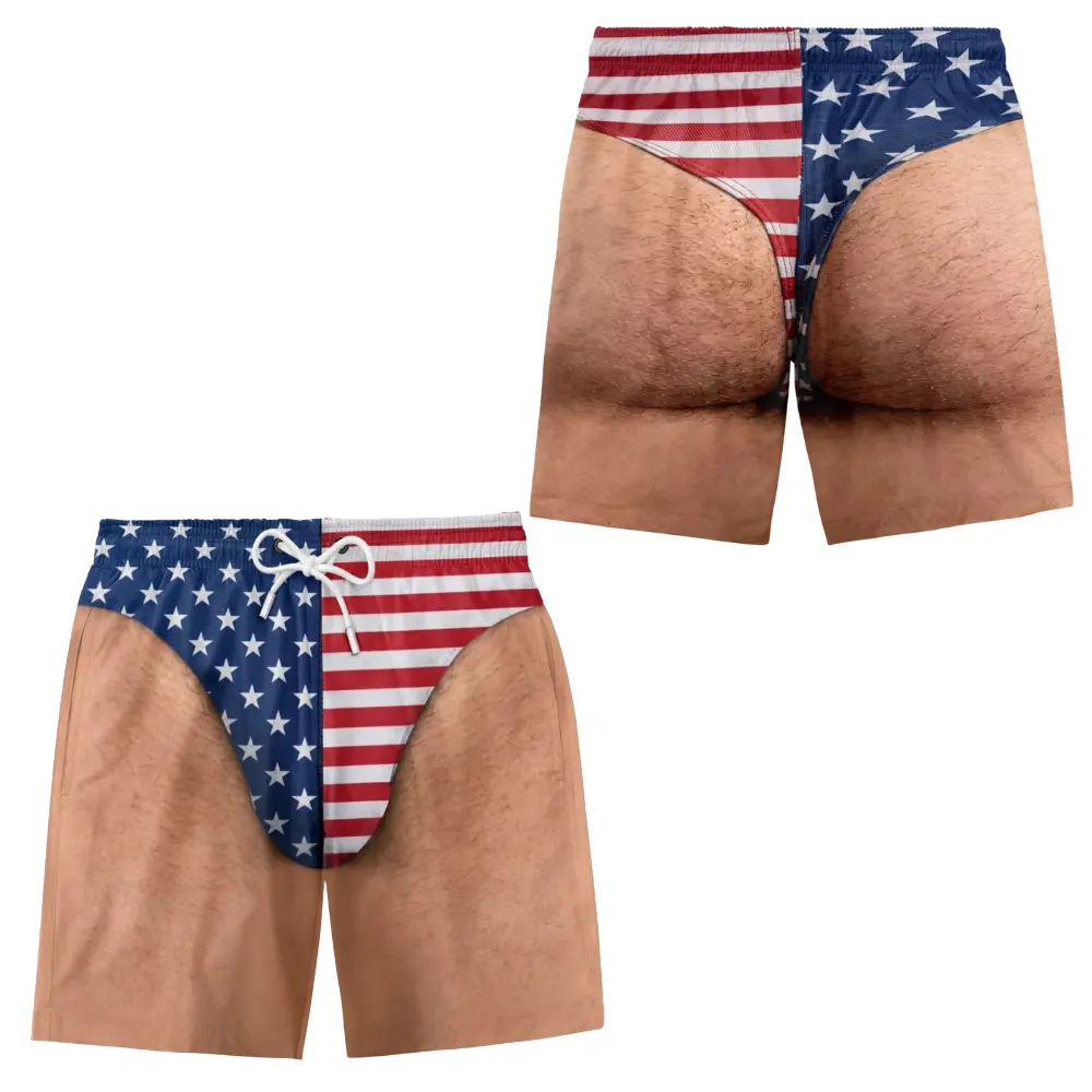 Funny Patriotic Hawaiian Shorts, Stars Stripes Hairy Body Joke Design, Perfect Gift for Boyfriend or Husband