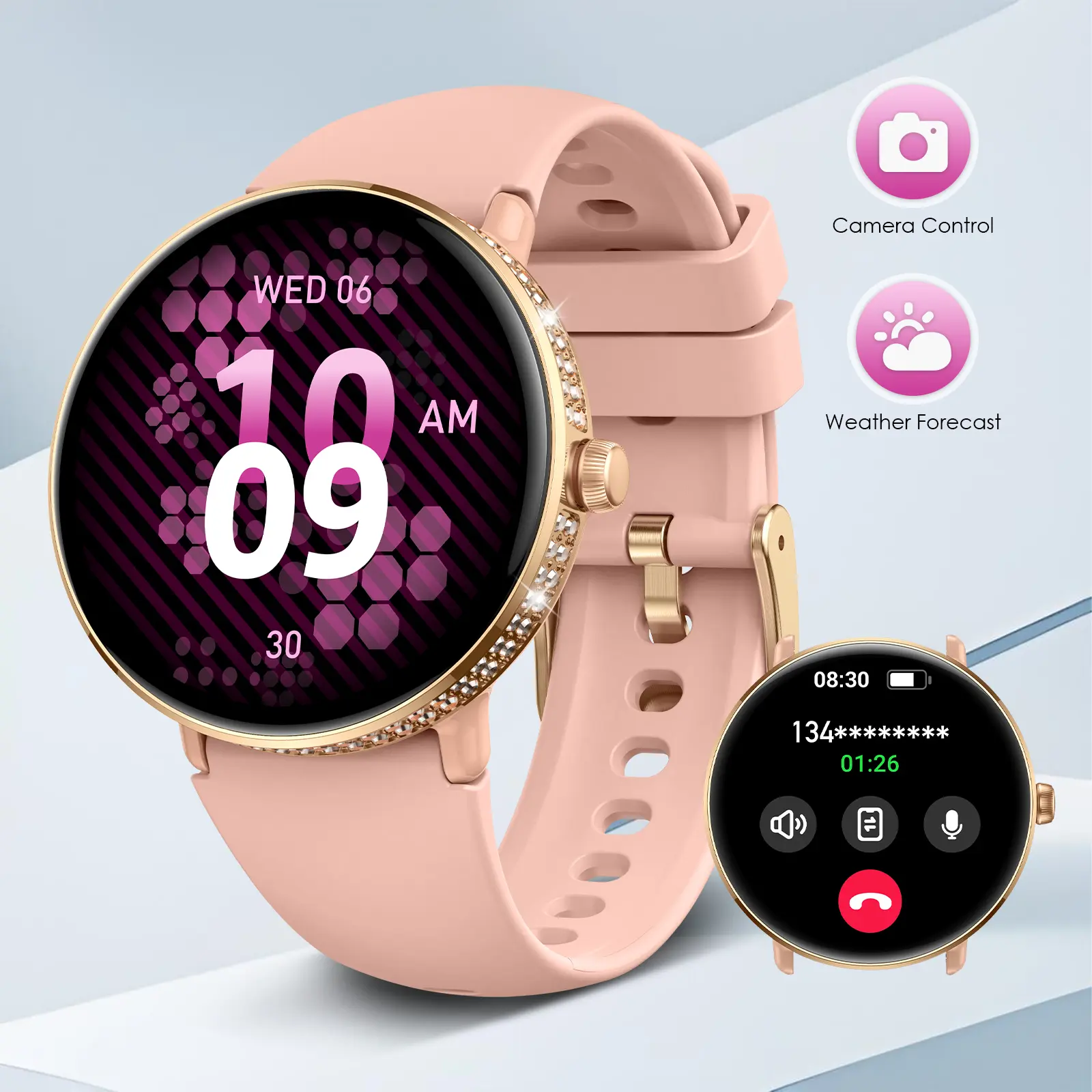 Ladies Smart Watch, Golden Shell Powder Glue Smartwatch With Voice Assistant, Music Control, Smartwatches For Women With Wireless Calling, Calculator, Gifts For Girlfriend/Wife, Ideal Gifts For Women