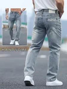 Men's Vintage Washed Denim Jeans, Trendy All-Season Straight Leg Pants, Comfortable Fitted Design, Casual Style, Embroidered Print, Denim Trousers