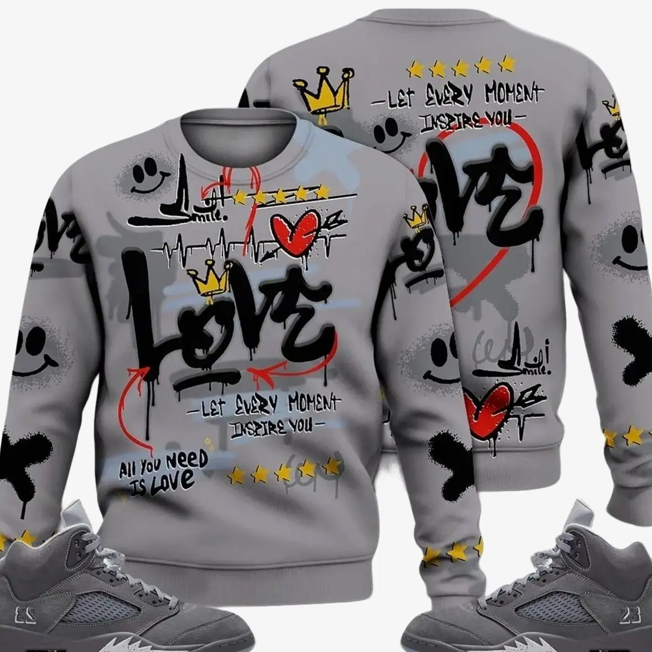 5 Wolf Grey Sweatshirt, Retro Wolf Grey 5s Outfits, Happy Love Beats Graffiti Streetwear Unisex Sneaker Matching Shirts