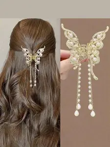 Butterfly Pearl Fringe Hair Claw Clip, Elegant Butterfly Design, Stylish Hair Accessory for Women, Perfect for Daily Use, Butterfly Clips