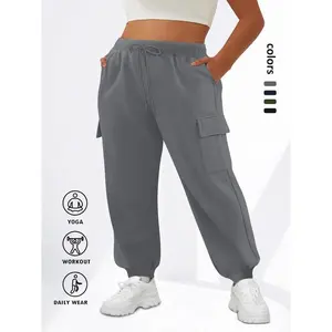 Women's Plus Size Elastic Waist Drawstring Pants, Pocket Design, Polyester Stretchy Fabric, Comfortable Fit All Season Wear