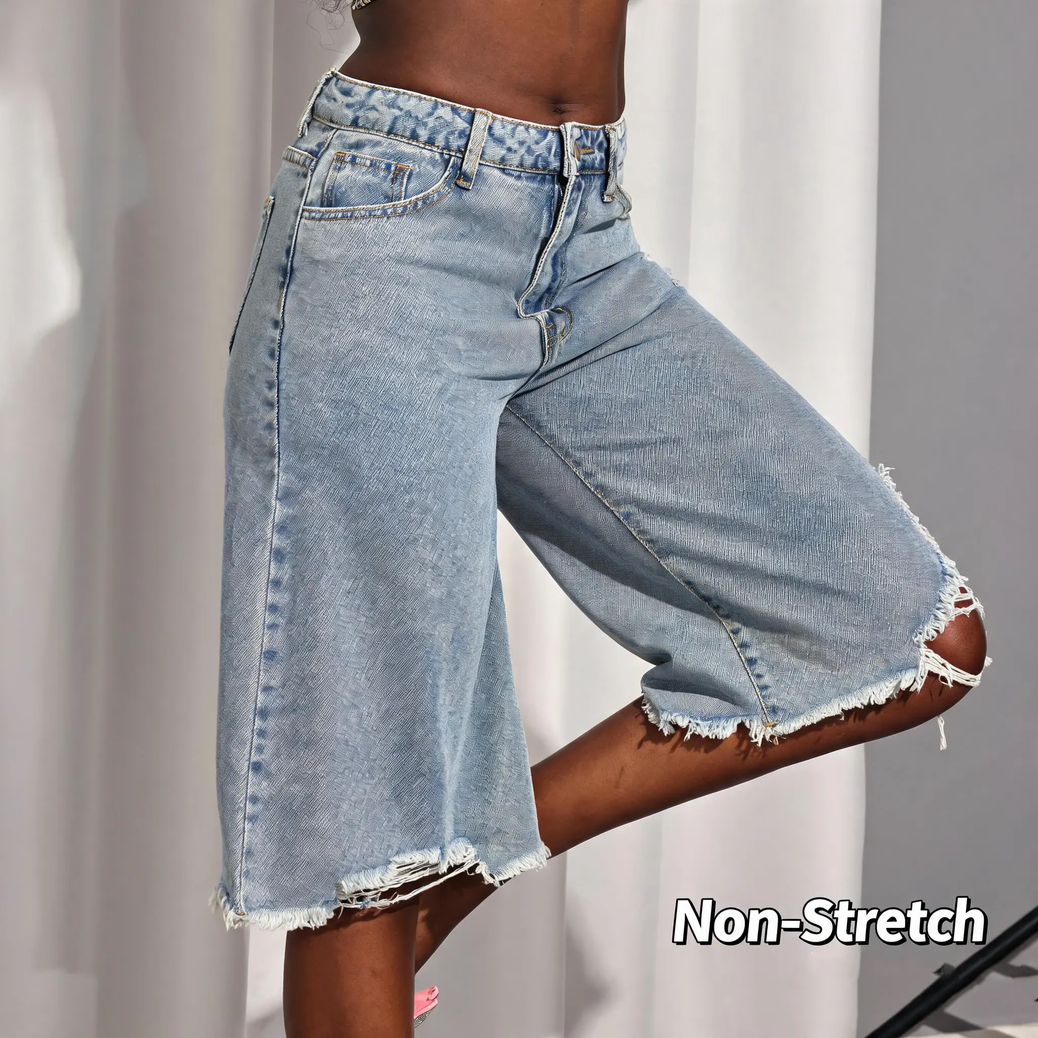 Women's Y2K Ripped Denim Jorts - Distressed Bermuda Shorts with Raw Hem Non-elastic material