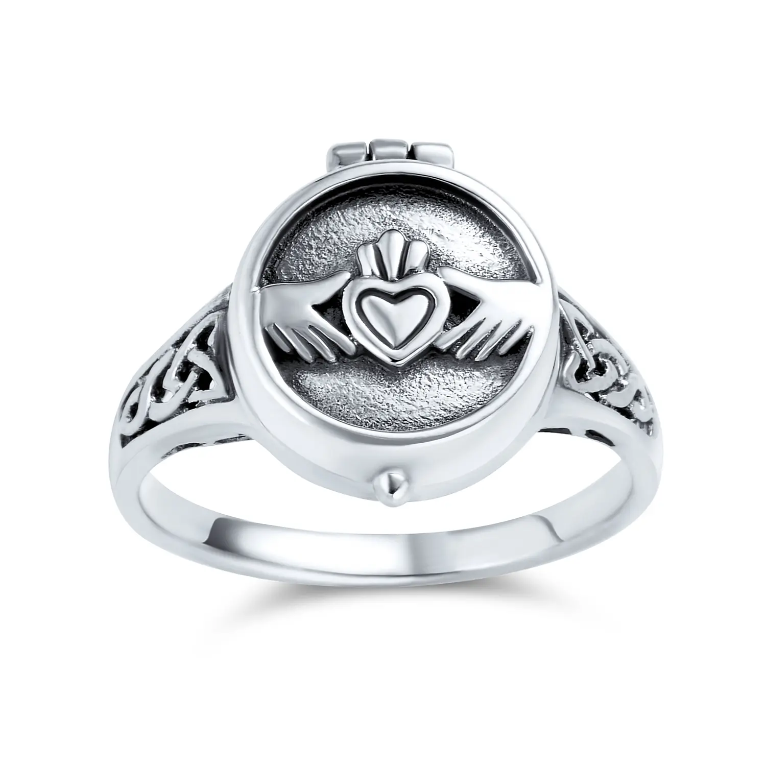 Celtic Claddagh Locket Ring Memorial Keepsake Oxidized .925 Sterling Silver
