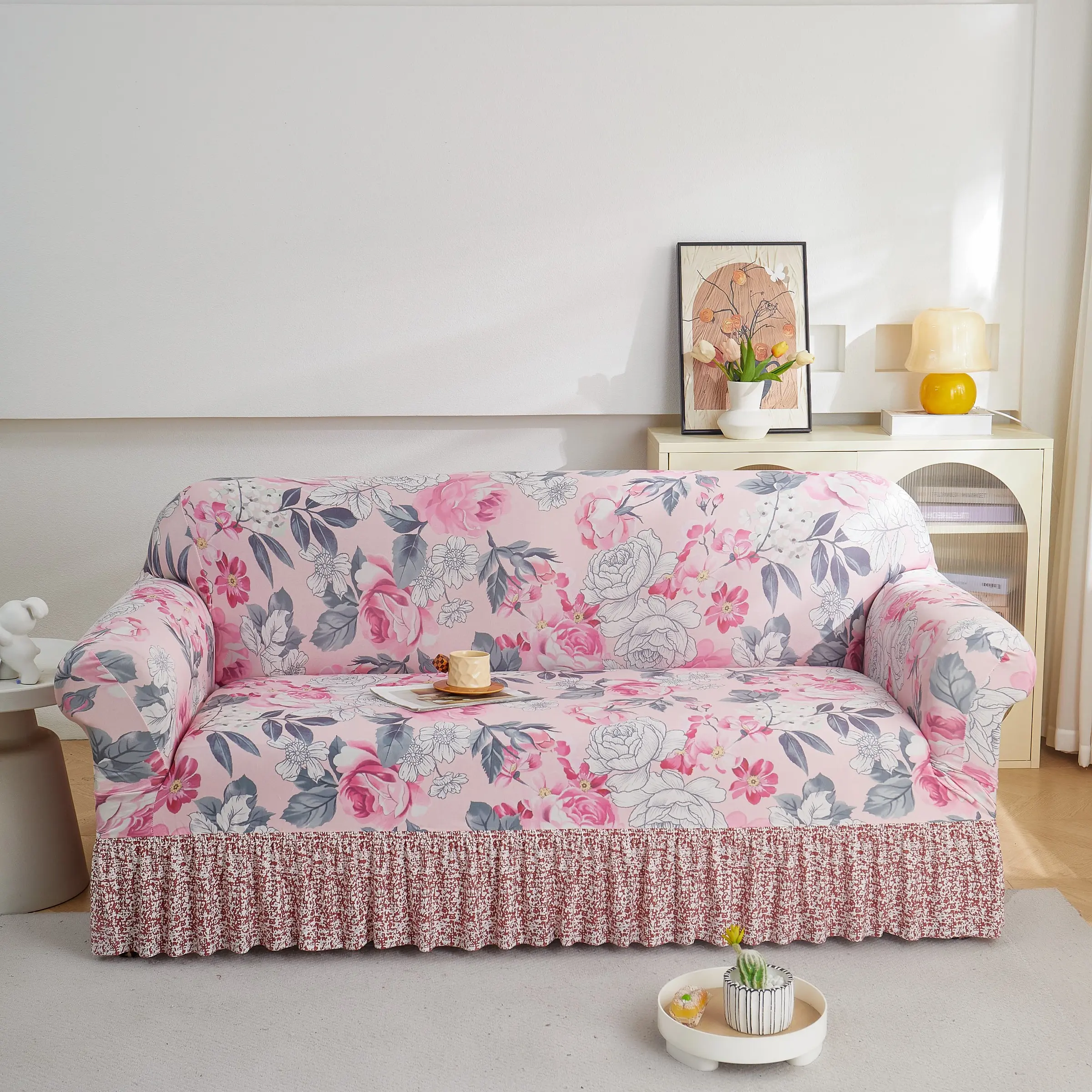 1pc Printed Skirted Sofa Cover, Non-Slip Furniture Protector, Reusable Washable Sofa Slipcover, All-Seasons Couch Cover, Couch Covers For Sofa, Home Decor