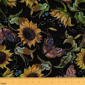 Sunflower Fabric By The Yard,Floral Butterfly Print Upholstery Fabric for Chairs,Blossom Flowers Waterproof Fabric for DIY Indoor and Projects