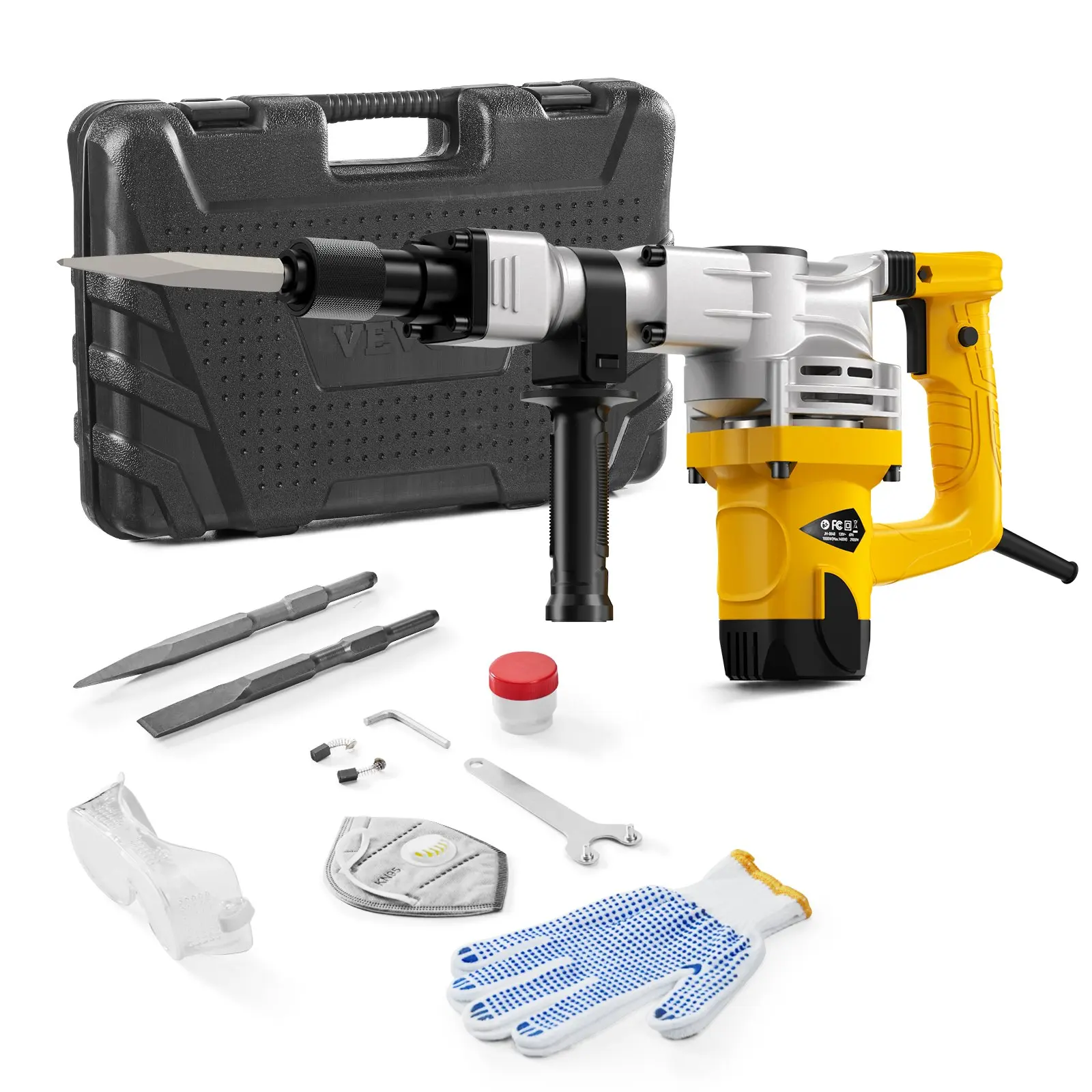VEVOR 1400W Jackhammer Tool Kit, 2900 BPM Heavy-Duty Demolition Concrete Breaker, 17.9 lbs, 19.7x4.7x13.4 in, Alloy Chuck, Cool Motor, 360° Shock Handle, 2 Chisels, Gloves, Goggles, Storage Case Included for Block/Pipeline