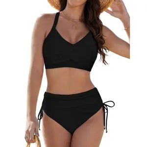 Womens Two Piece High Waisted Bikini Sets Crisscross Tie Back Bathing Suit Drawstring Tummy Control Swimsuits