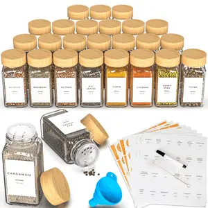24 Pack Glass Spice Jar,Bamboo Lid Glass Spice Jars, Kitchen Spice Storage Jar, Spice Storage Jar,Kitchen Food Storage Tanks,Preprinted Spice Labels,Kitchen Organizer Msadi