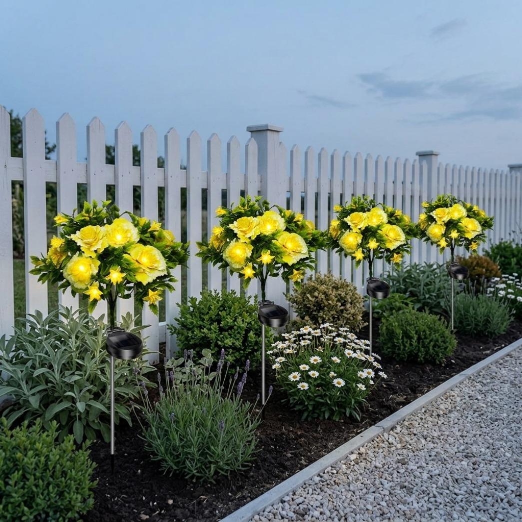 4 Pack Solar Yellow Carnation Flower Garden Lights, IP65 Waterproof Outdoor Decor