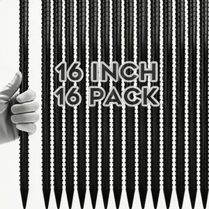 16PCS Heavy Duty 16" Rebar Stakes – 3/8" Thick Metal Ground Anchors with Chisel Point, for Timber, Concrete, Plant Support & Tent Camping (Black)