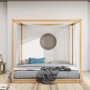 King Canopy Bed Wood 4 Poster Panel Beds, Floor Bed Frame King with Solid Wood Slat Support, King Size Platform Bed, No Box Spring Needed, Natural