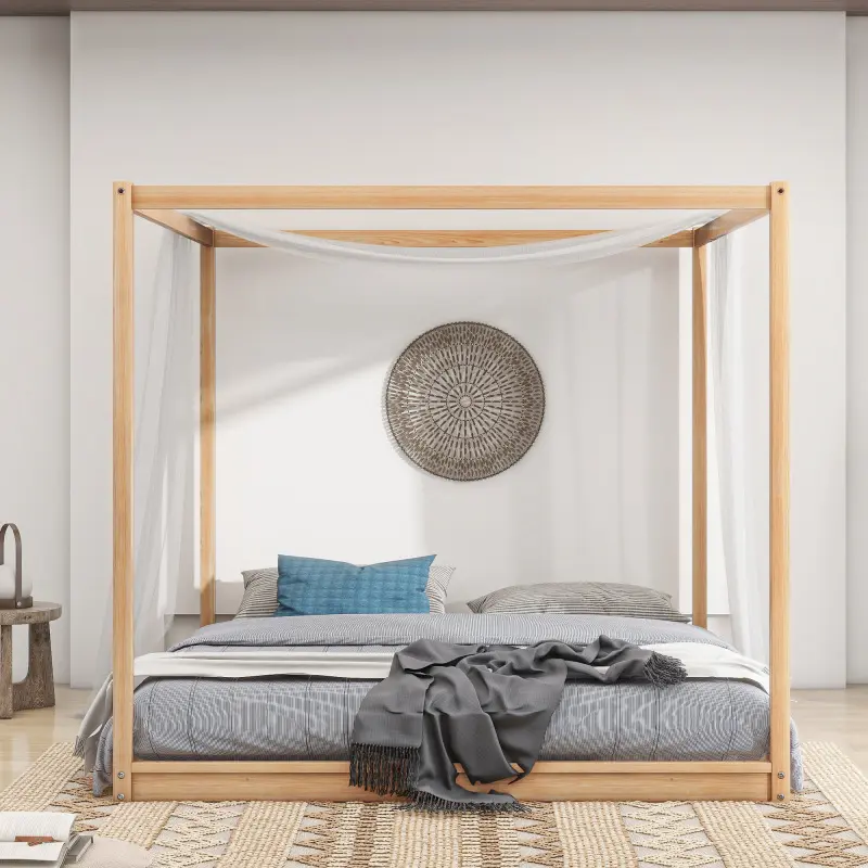 King Canopy Bed Wood 4 Poster Panel Beds, Floor Bed Frame King with Solid Wood Slat Support, King Size Platform Bed, No Box Spring Needed, Natural