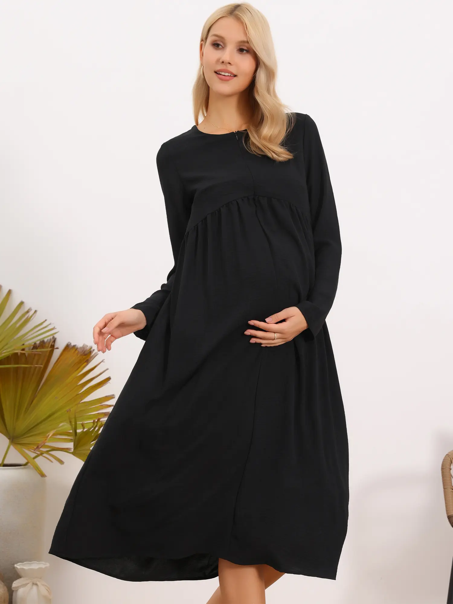 INSPIRE CHIC Women's Maternity Nursing Dress Loose Long Sleeve Zip Midi Round Neck Pleated Breastfeeding Pregnancy Dresses
