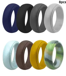 8pcs Men's Curved Layered Step 3-Dimensional Silicone Rings, Lightweight Flexible Sports Band with Comfortable Fit, Sweatproof Scratch-Resistant Durable Accessory for Gym, Daily Casual Wear, Three-Dimensional Silicone Rings