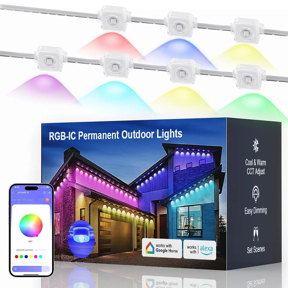 100FT Permanent Outdoor Lights for House, RGBIC LED Waterproof Smart Eave Lights with Chasing Light Effects, Smart APP & Remote Control, Multiple Scene Modes, Outdoor Eaves Lighting for Holiday, Christmas, Roof, Party & Daily Decor