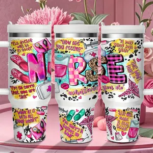 40 OZ  Stainless Steel Tumbler with Lid and Straw - Nurse Themed Medical Symbols & Inspirational Quotes, Wide Mouth Vacuum Insulated Cup, Perfect Gift for Nurses Day, Kitchen & Dining Supplies, Nurse Pattern Drinkware, Fun Illustrations