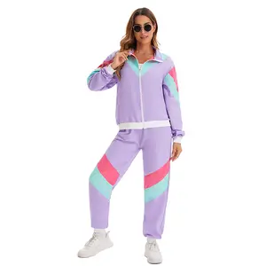 Women's Color Block 2 Piece 80s 90s Outfits Long Sleeve Windbreaker Jacket Tracksuit Set