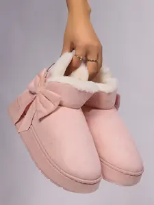 Women’s Bow Warm Plush Snow Boots – Winter Warm Boots, Soft Faux Suede Ankle Boots with Cozy Fleece Lining, Easy Slip-On Design, Thick Non-Slip Sole for Indoor & Outdoor Wear, Elegant Sweet Style in Multiple Colors
