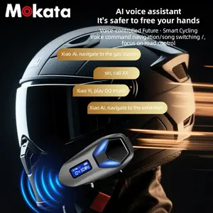 MOKATA communication device for two riders and music sharing on a motorcycle helmet with Bluetooth headset, equipped with manual and automatic call switches, battery life over 40 hours, 40mm HD speakers, dual language alerts, light