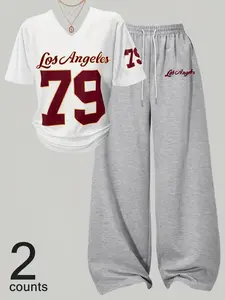 Los Angeles 79 Print Asymmetrical Lounge Wear Set for Women - Soft T-Shirt & Jogger Pants, Cozy Home and Street Style