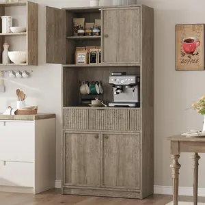 Tall Storage Cabinet,70" Kitchen Pantry Cabinet with Doors,Fluted Kitchen Hutch Cupboard with Microwave Shelf & Drawer,Freestanding Cupboard for Dining Room,Living Room,Grey