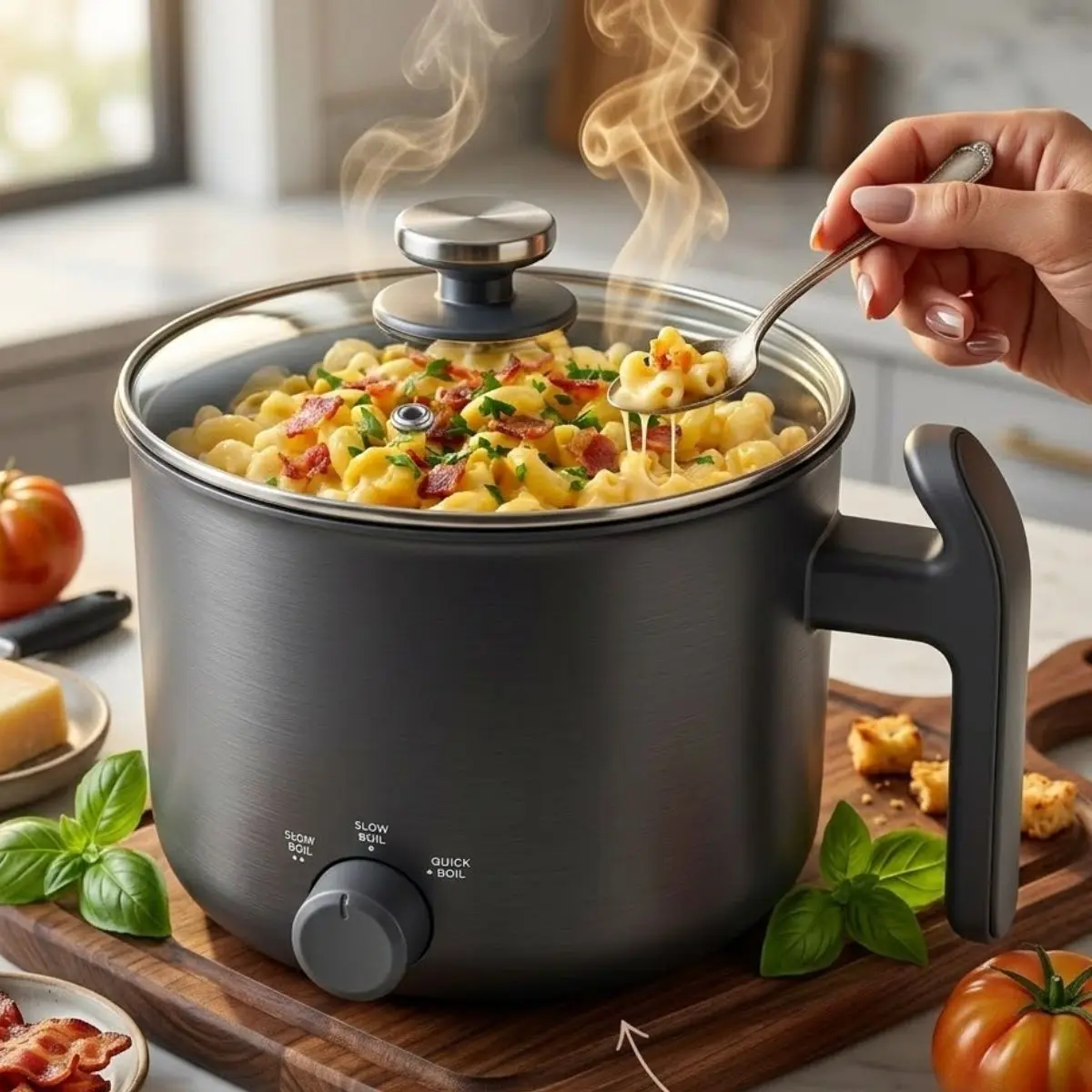 Noodle Express 1.25 Qt Electric Hot Pot - PFAS-Free Ceramic Nonstick Kitchen Cooker with Tempered Glass Lid, Dual Heat Settings, Cool-Touch Handle, Adjustable Thermostat, Hidden Heating Element, Portable for Dorm Rooms (Grey)