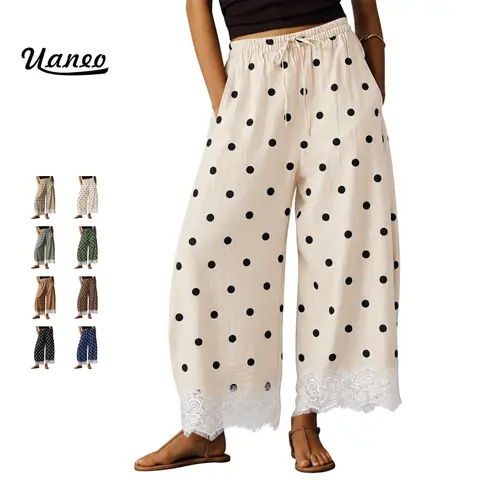 UANEO Womens Polka Dot Wide Leg Palazzo Pants High Waisted Summer Lace Trim Cropped Baggy Trousers with Pockets