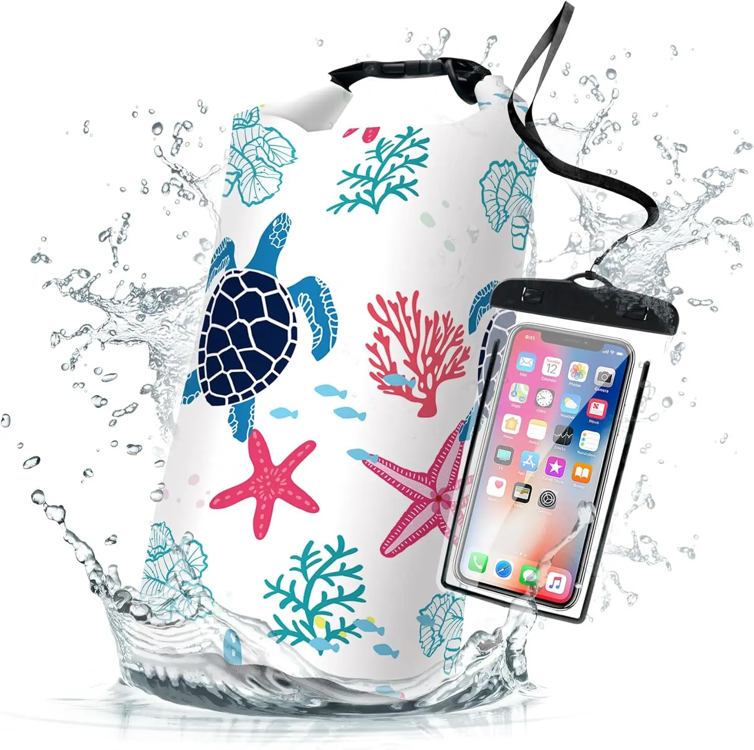 Waterproof Dry Bag,Roll Top Sea Turtle Coral Starfish Small Waterproof Backpack 5L/10L/20L Floating Lightweight Bags for Kayaking, Boating, Fishing, Swimming Camping with Waterproof Phone Case muck